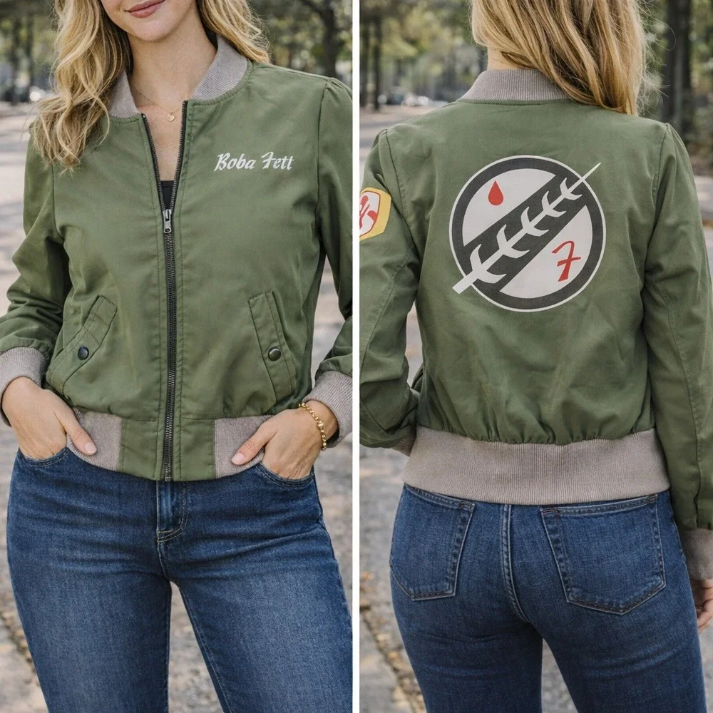 Her Universe Boba Fett Bomber Jacket‎ Women Medium Green Star Wars Mandalorian